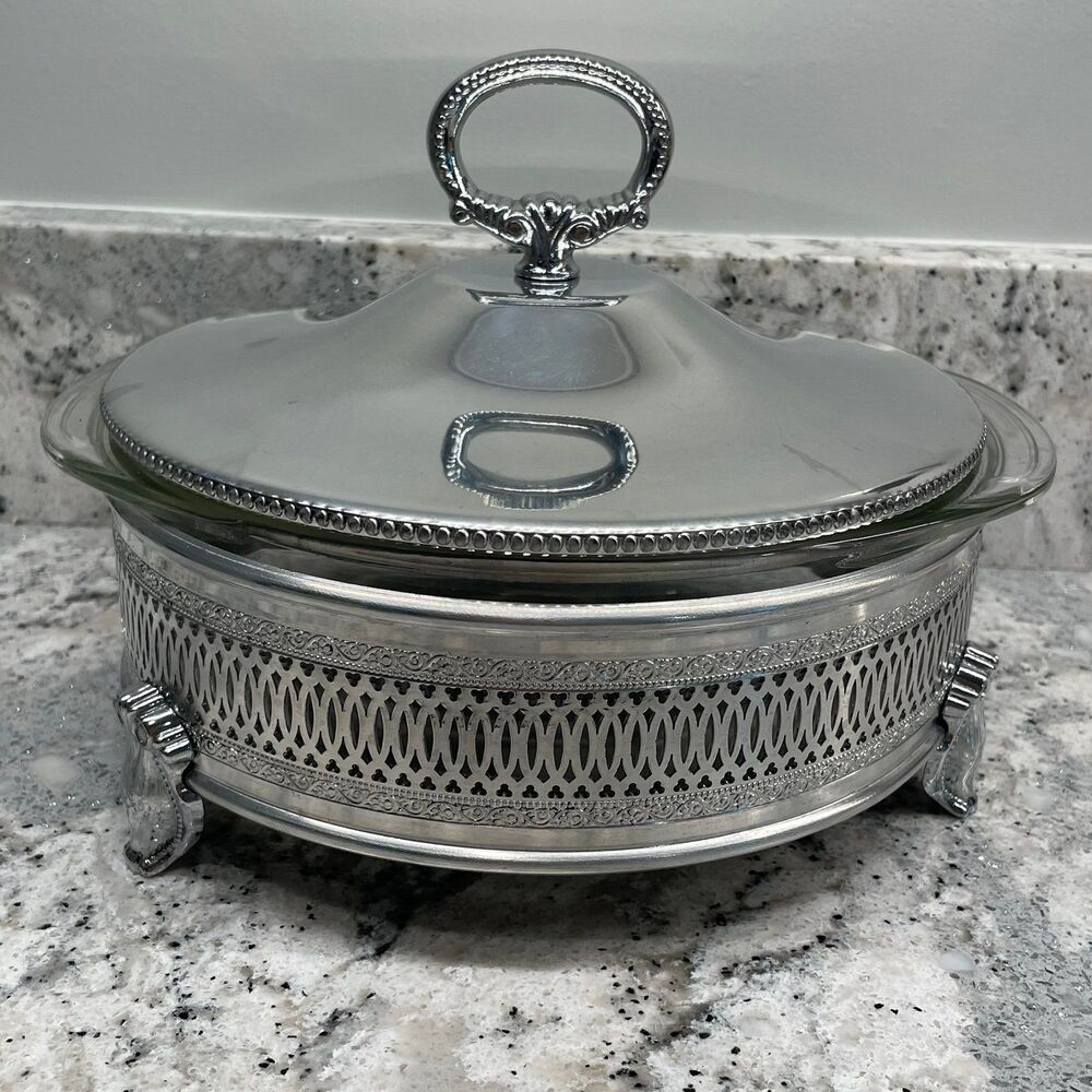 Vintage Pyrex Casserole Bowl & Serving Dish w/ Silver Tone Lid & Serving Stand